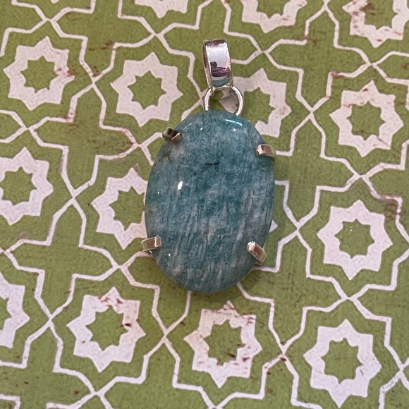 Natural Amazonite Oval Pendant – Blue Green Color Silver Plated - Brand New - Picture 4 of 7